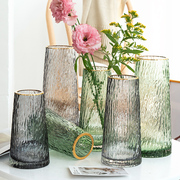 北欧ins轻奢玻璃花瓶描金彩色冷纹百合鲜花干花插花瓶客厅摆件