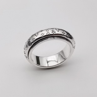 s999纯银老花涂鸦转动戒指，小众设计风男女，款时尚情侣单身戒指