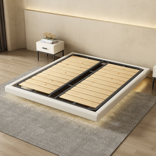 无床头悬浮真皮床轻奢，现代简约主卧双人2米x2米，2网红实木悬空床架