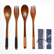 家用长柄勺子叉子筷子餐具木头饭勺汤勺日式缠线防滑勺叉餐具