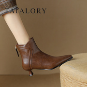 tatalory女鞋法式尖头高跟，短靴女细跟真皮及裸靴复古百搭瘦瘦靴