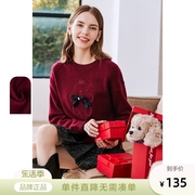 betu百图红色毛衣女圆领套头设计感小众针织衫上衣2023年冬季