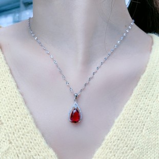 红宝石项链925纯银水滴锁骨链女气质，名媛时尚水晶高级感毛衣链