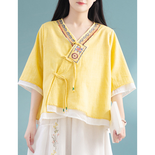 夏季女士棉麻v领斜襟，盘扣民族风刺绣，上衣中国风复古文艺宽松衬衫