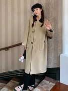 韩版卡其色过膝双面呢羊毛大衣女，2023秋冬季显瘦羊绒呢子外套