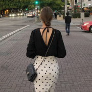 2021绑带直筒套头长袖衬衫女士设计感小众性感露背上衣宽松打底衫