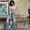 夏季小众韩版做旧脏脏涂鸦拼接破洞牛仔裤女宽松吊带背心上衣