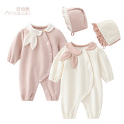 韩版新生儿长袖连体衣婴儿衣服兔耳加绒连身衣宝宝，加薄绒长爬爬服