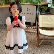 乐妈童品女童连衣裙2022夏季韩版黑白拼色泡泡，袖公主裙洋气裙子
