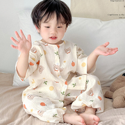 韩版儿童睡衣春秋纯棉男女童，夏季宝宝家居服薄款纱布婴儿小童套装