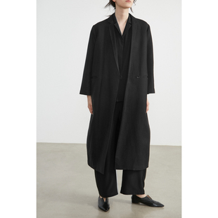 cleanflow黑色羊毛亚麻混纺，薄长款秋季茧型中长西装外套简约