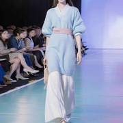 新中式国风女装蓝色软糯针织毛衣春秋装连衣裙两件套装年后发