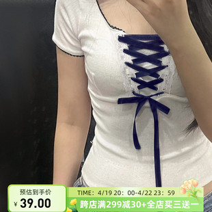 fabgirls纯欲少女蕾丝花边，拼接系带短袖t恤百搭甜美显瘦短上衣