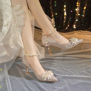 水晶法式香槟色高跟鞋女细跟婚鞋，高级感主婚纱新娘鞋配礼服伴娘鞋