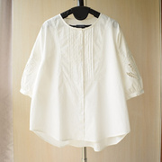 韩版镂空刺绣拼接蕾丝五分袖，纯棉圆领白色衬衫前短后长夏季上衣女