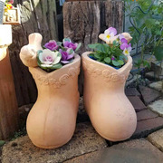 手压粗陶红陶靴子陶艺花器 带小鸟创意花盆 庭院花园 阳台陶盆