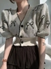 韩国chic夏季v领蝴蝶结短袖针织开衫甜美短款拼接蕾丝设计感上衣