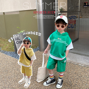 团子麻麻男童套装夏季薄款连帽假两件字母印花儿童短袖短裤两件套