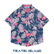 TRAVEL ISLAND 山桃红花 国潮复古vibe宽松植物花卉满印短袖衬衫