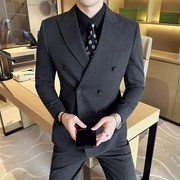 高端双排扣西装套装男高级感新郎结婚礼服韩版修身商务西服三件套