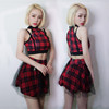 DS演出服性感嘻哈街舞套装爵士舞蹈服女韩版红色格子演出服