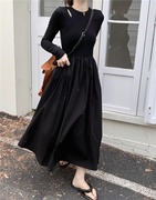 法式镂空拼接长袖连衣裙女秋季设计感小众气质修身显瘦长裙子