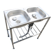 可商用厨房不锈钢洗菜盆双槽带支架水槽，双槽带架子洗手盆洗碗池