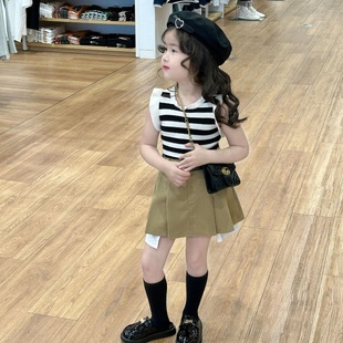 2024韩版女童洋气黑白条纹背心百褶半身裙套装儿童两件套夏款