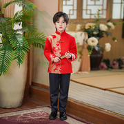 儿童亲子唐装红色拜年服中式花童礼服中国风绸缎秀禾服男童中山装