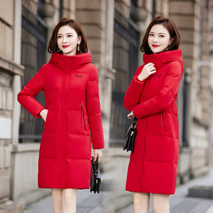 女士中长款红色羽绒服女款时尚洋气外套秋冬季加厚潮