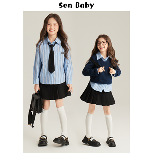 senbaby儿童春装学院风衬衫，2024中大童韩系，童装女童美式套装
