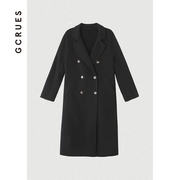 gcrues韩系双面羊毛呢外套，女秋冬季2023黑色，双排扣大衣中长款