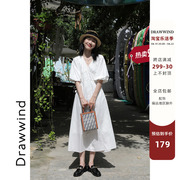 画风家drawwind2023春夏法式复古V领泡泡袖白色连衣裙收腰长裙