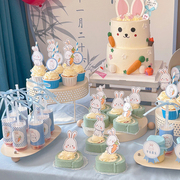 蓝色兔子甜品台蛋糕装饰兔宝宝满月百天周岁生日推推乐贴纸插牌