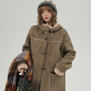girlyhalo美式复古麂皮绒羊羔毛外套(毛外套，)女冬连帽加绒加厚中长款大衣