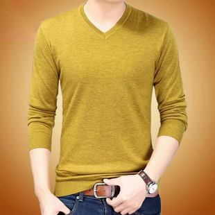 休闲秋装长袖t恤男士纯色v领青年套头，薄款打底衫休闲羊毛针织线衫