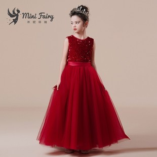 女童高端钢琴演出服十周岁生日，公主裙红色乐团，小提琴演奏主持礼服