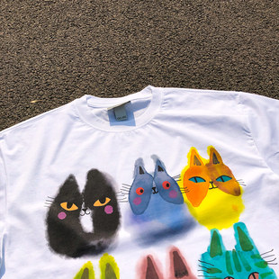 王有病工作室 品质百元好物可爱趣味六只猫咪大头卡通短袖T恤