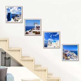 楼梯间装饰画地中海风格爱琴海风景，挂画走廊过道壁画，酒店餐厅墙画