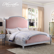 赫莎法式复古粉色布艺，双人床进口实木绒布主卧大床高端欧式婚床as