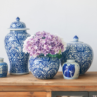 新中式青花瓷陶瓷罐古典插花器花瓶客厅玄关样板房餐桌装饰品摆件