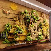3d立体中式墙纸5d壁画客厅电视背景墙山水浮雕，风景大型无缝壁纸