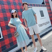 情侣装女长裙男衣不一样的套装2022韩版连衣裙短袖T恤假两件