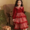 !女童拜年服酒红色蛋糕裙，娃娃领圣诞节丝绒，礼服裙宴会