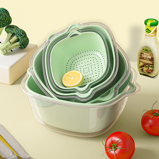 双层洗菜盆沥水篮八件套，厨房客厅家用洗水果盘简约塑料菜菜篮子