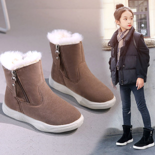 女童中筒靴真皮儿童冬季中大童时尚，雪地靴加绒软底皮靴防滑棉靴子