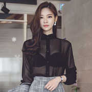 2020春秋款女装韩版修身显瘦透视雪纺，衫上衣时尚百搭黑色长袖衬衫