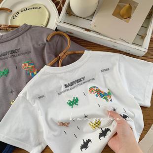宝宝纯棉恐龙短袖t恤2024夏季男小童，半袖上衣儿童夏装打底衫
