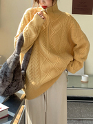 黄色立领针织打底衫女秋季2022中长款拉链加厚设计感毛衣