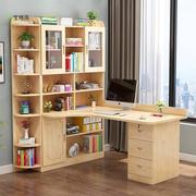 实木转角书桌书架，组合电脑台式桌书柜一体，家用简约卧室拐角学
